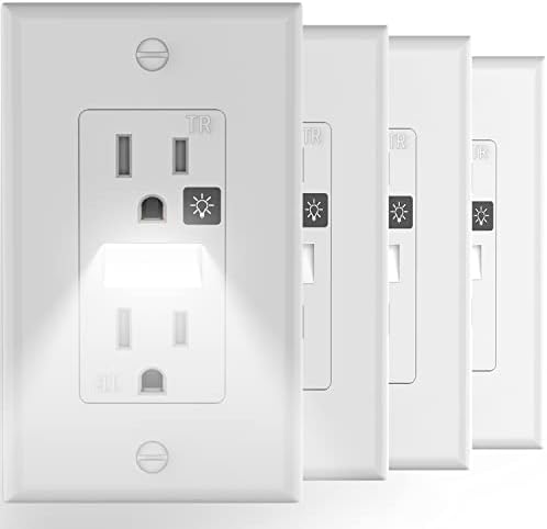 SOZULAMP Decorator Receptacle Outlet with LED Night Light,15A 125V,2 Pole 3 Wire,Tamper Resistant(TR) Electrical Standard Wall Outlets with Nightlight (4 Pack,White)