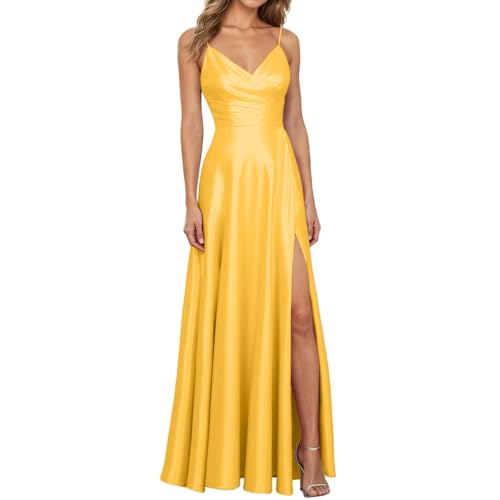 Robe de bal de fin d'année trapèze avec col en V et bretelles spaghetti