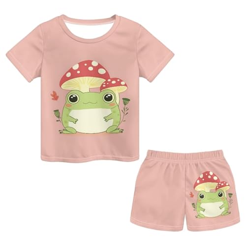 Showudesigns Mushroom Frog Pyjamas Sets for Girls Age 5-6 Comfy Soft Nightwear Cute Short Sleeve Sleepwear Pjs for Kids Summer T Shirt Pants Two Piece Outfits with Pockets