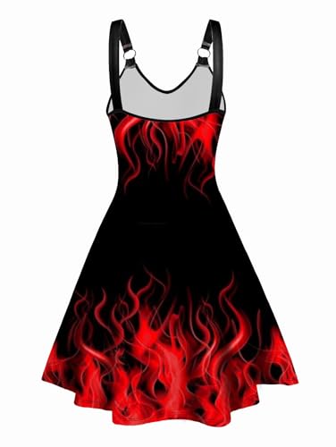 Image of DRESSFO Couple Matching Hawaiian Outfits Gothic Print V Neck Spaghetti Strap Dress or Roll Up Sleeve Shirts Outfit