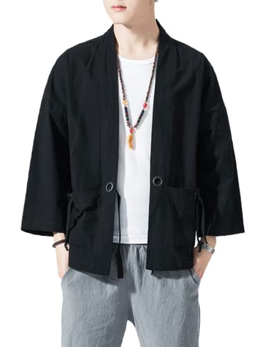 Image of Men's Japanese Kimono Cardigan Loose Cotton Linen 3 /4 Sleeve Open Front Casual Summer Shirt Jackets