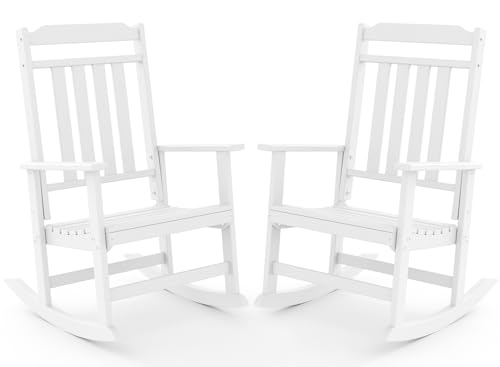 GREENVINES Outdoor-Rocking-Chairs-Set-of-2 | HDPE Plastic | Patio Rockers | Porch Rocker Chair | Oversized | High Back | Big & Tall | White