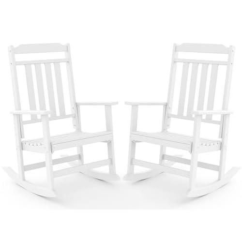 GREENVINES Outdoor-Rocking-Chairs-Set-of-2 | HDPE Plastic | Patio Rockers | Porch Rocker Chair | Oversized | High Back | Big & Tall | White White 2PCS
