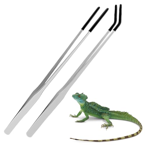 WeddHuis Lot de 2 pinces d'alimentation extra longues en acier inoxydable avec pointe en caoutchouc,droites et incurvées,outil d'alimentation pour terrarium...