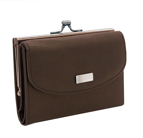 Charmoni - Portefeuille Femme - Porte Monnaie Fermoir clic clac - Porte Carte Crédit - en Cuir De Vachette Véritable (Cuir, Marron)