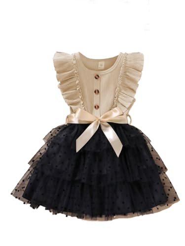 Image of TAGAS Toddler Girls Polka Dot Ruffle Trim Belted Mesh Dress Floral Pattern Frock for Girls (KD-1015)