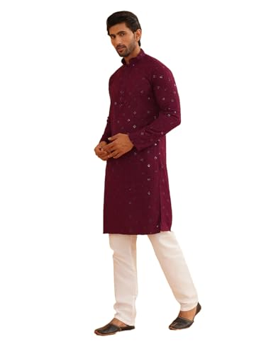 Sojanya (Since 1958 Men'S Cotton Embroidered Sequinned Kurta With White Churidaar Pyjama