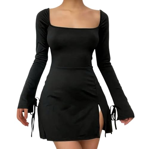 owsber Vestidos de cóctel para mujer, color liso, manga larga, con abertura, para fiesta de verano, Negro -, M
