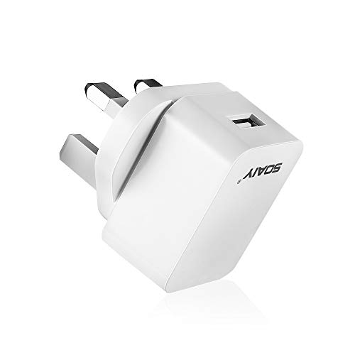 SOAIY USB Power Adapter, UK Mains Charger, 5V 2A USB Plug, USB Wall Charger 10W, White 3 Pin Plug for Baby Sound Machine, USB Fan, Mirror Lights, Mood Lights, VR Headset, Echo, Kindle, Nubia