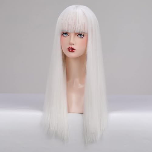 EMMOR White Wig With Fringe For Women Long Straight Wigs Synthetic For Girl Cosplay And Daily Use(26" White) - Image 2