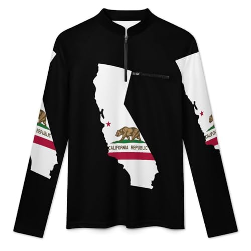 State Map Outline of California Flag Men's Rash Guard Long Sleeves Quick Dry Fishing Workout Shirts with Zipper3
