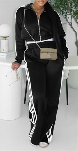 Women's Sexy 2 PCS Zipper Stripes Pathwork Jackets Bodycon Wide Leg Pants Cocktail Party Outfits Tracksuit Set3