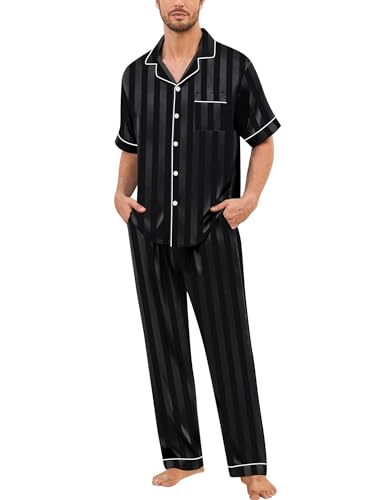 Image of SWOMOG Mens Silk Pajamas Set Satin Pj Set Short Sleeve Sleepwear Button Down Lounge Set with Drawstring & Pockets S-3XL