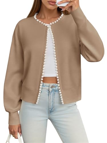 Image of Saodimallsu Womens Fall Open Front Cardigan Sweaters Pearl Long Sleeve Knit Tops Crewneck Dressy Casual Sweater Jacket