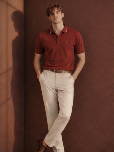 Image of Louis Philippe Men's Slim Fit Single-Tuck Pique Stylized Sleeve Print and Contrast Tipping Half Sleeve Solid Polo Tshirt