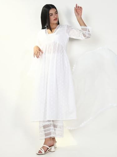 Image of SHOWOFFFF Women Solid Three-Piece Anarkali Festive Kurta Set | V Neck 3 /4th Sleeves Cotton Kurta Set for Womens | Mid-Rise Regular Fit Calf Length Kurta Set for Women's