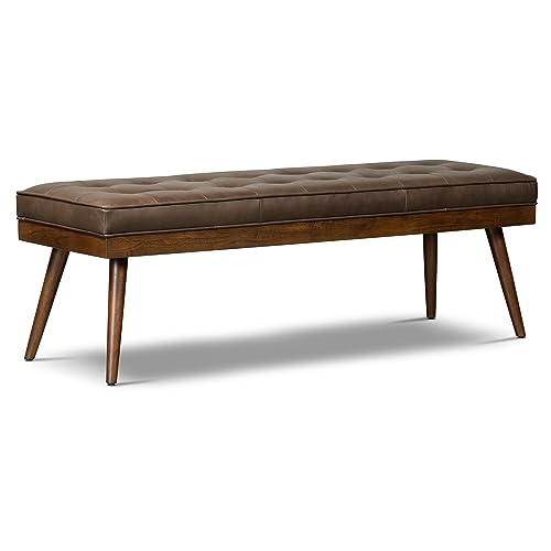 Image of Poly & BARK 55 inch Tufted Leather Bed Bench for Bedroom End of Bed - Living Room Entry Way Bench - Pure Italian Leather Upholstery with a Solid Wood Frame - Ottoman Bench with Wooden Legs - Cocoa Brown