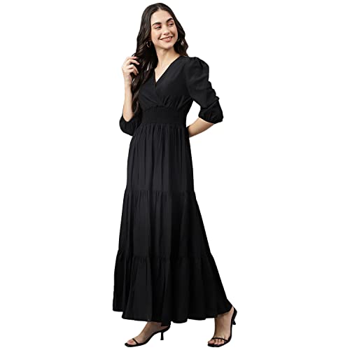 DEEBACO Women's Fit & Flare Maxi Dress|V-Neck|Full Length Long Dresses for Women|A-Line Dress|Stylish for Ladies|Beach Dress for Women