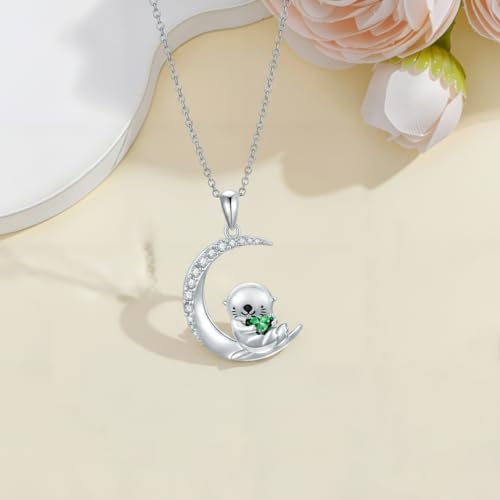 Image of PROESS Animal Birthstone Necklace 925 Sterling Silver Otter /Axolotl /Hippo /Elephant /Dachshund /Monkey /Red Panda Pendant Necklace Animal Birthstone Jewelry Gifts for Women