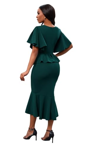 Image of Womens Summer Ruffle Short Sleeve Fishtail Dress Evening Cocktail Formal Peplum Midi Mermaid Dresses Elegant