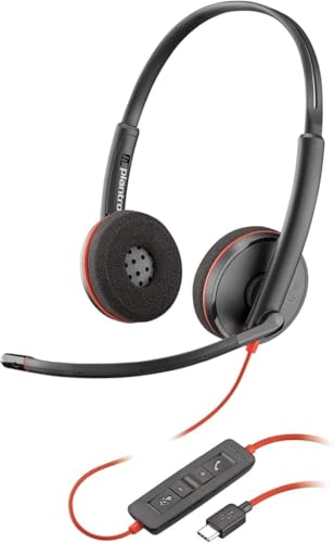 Micro-casque filaire Poly Blackwire 3220 – Microphone antibruit – Conception binaurale – Connexion à un PC/Mac via USB-C ou USB-A – Fonctionne avec Teams, Zoom