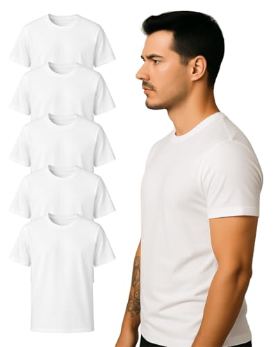 Kit 5 Camisetas Masculinas Básicas 100% Algodão 30.1 Premium Gola Redonda - Branco/M