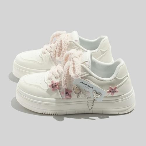 Flower Star & Heart Walking Cute Sneakers for Women Lace-Up Shoes Regular & Upgraded Versions Rubber Thick Sole Height Increase Lace Up Walking Shoes2