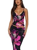 ksotutm Maxi Skirt Set Floral Print Halter Top Maxi Skirt Sexy Going Out Outfits for Women Black