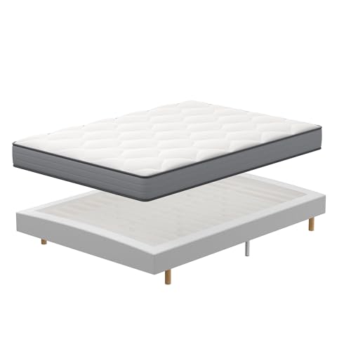 DEWINNER Matelas Ressorts ensachés et sommier 140x190 Ensemble, Matelas à mémoire de Forme et Ressorts+Sommiers à Lattes avec 9 Pieds pour Adulte | 2x14 Lattes...
