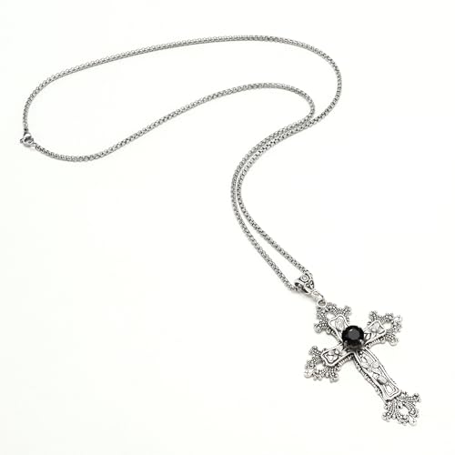 Gothic Cross Necklace Silver-Tone Pendant with Glass Stone, on 25” Steel Chain, Cross Necklace for Women, Large Goth Silver Cross Necklaces for Man, Big y2k Necklaces, Halloween Jewelry3