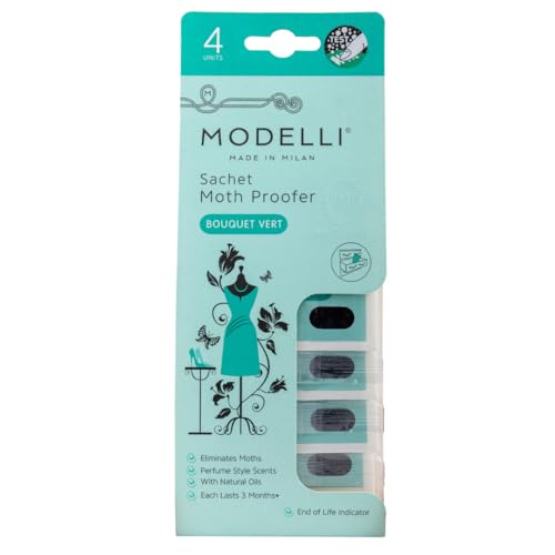 Image of Modelli Sachet Moth Proofer, Pack of 4 Sachets - Ideal for Protecting Clothes, Fabrics & Woolens - Bouquet Vert - Visual End of Life Indicator