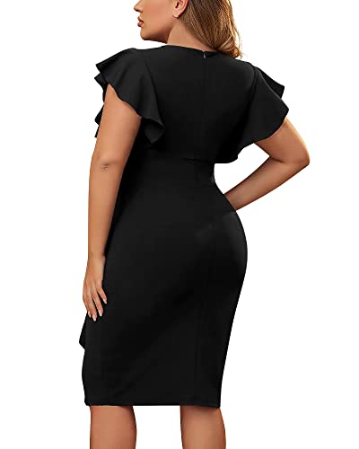 Image of Miusol Women's Plus Size Vintage V Neck Ruffles Sleeve Bodycon Business Cocktail Party Pencil Dress