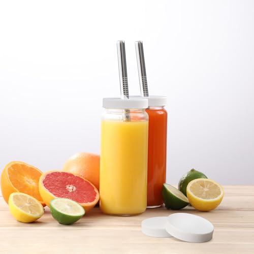 Image of 12 PACK, 16 OZ Glass Juice Bottles with Airtight Lids, Bonus 2 Straws & Perforated Lids, Reusable Juicer, Juicing Bottles - Clear Drinking Jars Cups, Water Bottle, Travel Juice Container, White Caps