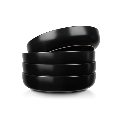 LIANYU Stoneware Pasta Bowls Set of 4, 35oz Large Salad Pasta Bowl for Home, Wide and Shallow Ceramic Plate Bowls for Serving Soup Dinner, Microwave & Dishwasher Safe, Matte Black