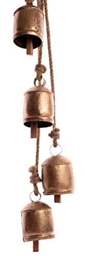 4 Large Rustic Cow Bells on Rope - Vintage Gold Bells for Fireplace Porch or Garden - Indoor Outdoor Decor