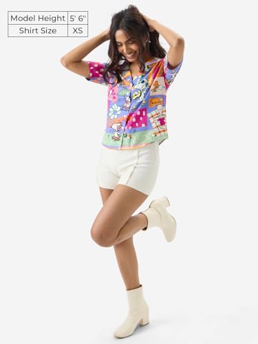 Image of The Souled Store Official Peanuts: Carefree Women and Girls Short Sleeve Collared Neck Button Front Regular Fit Rayon Summer Shirts