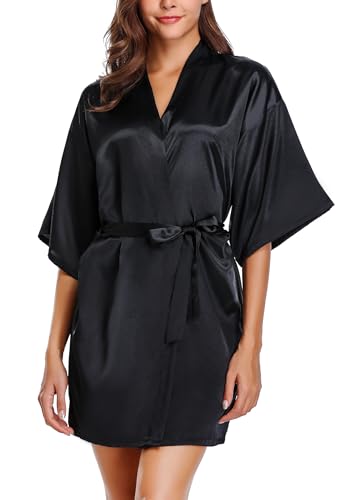 Wikoan Kimono Bridesmaid Peignoirs Femme Satin Peignoir Mariage Manche Courte Peignoir Sortie de Bain Robe de Chambre Femme Satin Robe Noir M
