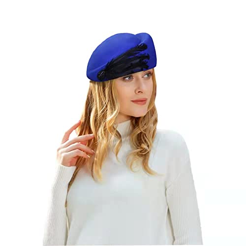 Oridoor Women Winter Vintage Pillbox Hat Church Derby Wedding Dress Fascinator Beret 100% Wool Felt Hat With Feathers, Royal Blue, One Size #TOP1