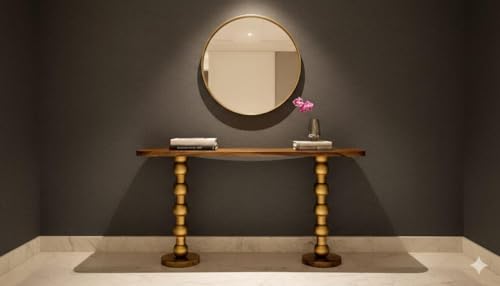 Image of Solid Sheesham Wood Console Table for Living Room | Entryway Hallway Sofa & Fish Tank Table | Designer Gold Finish Turned Legs | Luxury Wooden Accent Furniture | Light Brown Finish