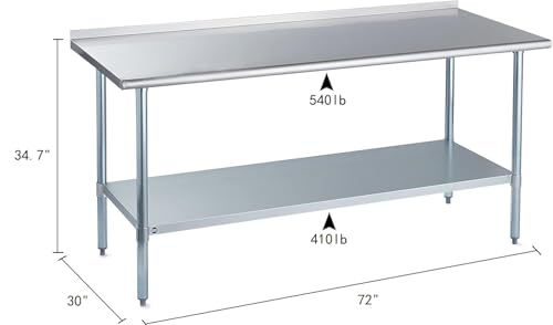 Image of ROCKPOINT Stainless Steel Table for Prep & Work with Backsplash 30x72 Inches, NSF Metal Commercial Kitchen Heavy Duty Table with Adjustable Under Shelf and Table Foot for Restaurant, Home and Hotel