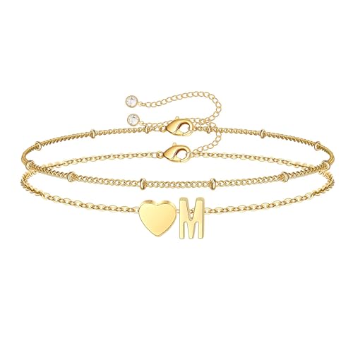 Fezodo Easter Gifts for Kids Teen - Gifts for Teenage Girls Bracelet, 4 5 6 7 8 9 10 11 12 13 Year Old Birthday Gift for Tween Teen Teenage Girl Gift Idea, Heart Initial M Bracelet Girls Jewelry