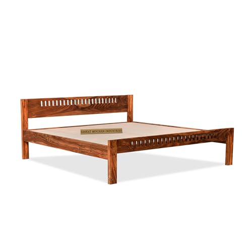 Image of SANKAT MOCHAN Industries Solid SHEESHAM Honey Brown Wooden Queen Size Bed Double Bed Furniture for Bedroom (Matters Size 60 * 72) (Honey Finish)