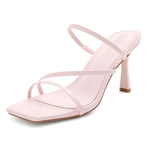 Image of Shoe'N Tale Strappy Kitten Heels For Women Stiletto Mules Square Open Toe Slip On Sandals