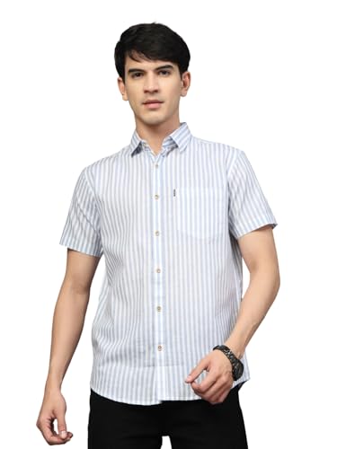 Image of Majestic Man Men's Pure Cotton Striped Half Sleeve Regular Fit Shirt