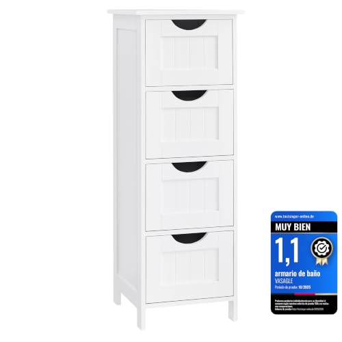 VASAGLE Armario de baño, de Almacenamiento, de Pie, con 4 cajones, 30 x 30 x 82 cm, Sala de Estar, Comedor, Cocina, Estilo Moderno, Blanco LHC40W