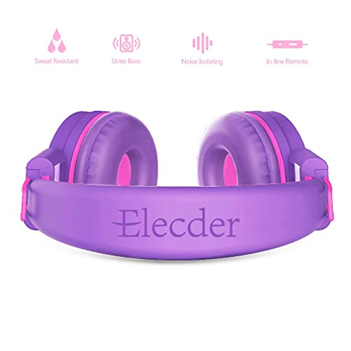 ELECDER i37 Kids Headphones for School Travel, On Ear Headphones Wired with Foldable Corded Stereo Sound 3.5mm Headset for Kid Children Teens Boys Girls Smartphones Computer Kindle Tablet, Purple - Thumbnail 3
