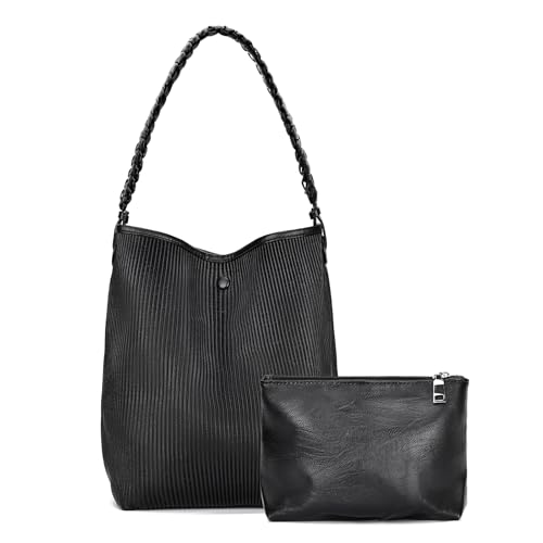 Leather Tote Bag for Women Large Bucket Hobo Bag Trendy Handle-Woven Shoulder Handbag with Purse