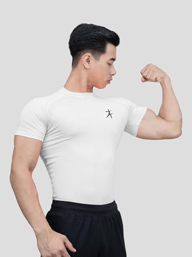 Image of Athflex Edge Compression T Shirt Compression T Shirt for Men Polyester Spandex Stretch Training Running Fitness Gym Workout Activewear Athletic Top White