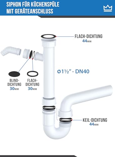 FEINER® | 5-teilig | 1 1/2 Zoll - Dichtungen für Siphon Küche | Dichtungen Siphon für 40mm handelsübliche Küchenspüle Siphon | Geräteanschlussdichtung | Siphon Dichtungssatz.