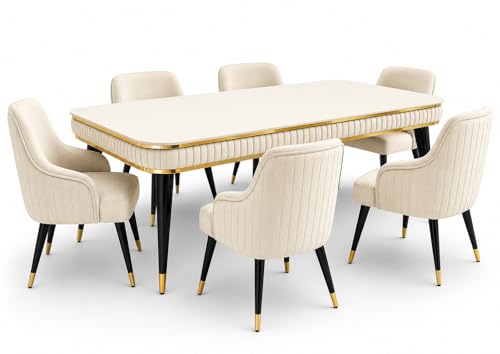 Image of WOODEN SPACE 6-Seater Wooden Dining Table Set | Nano Composite Marble Top | Solid Wood Base | Modern Dining Room Furniture with 6 Chairs (Beige Modern Zyro)